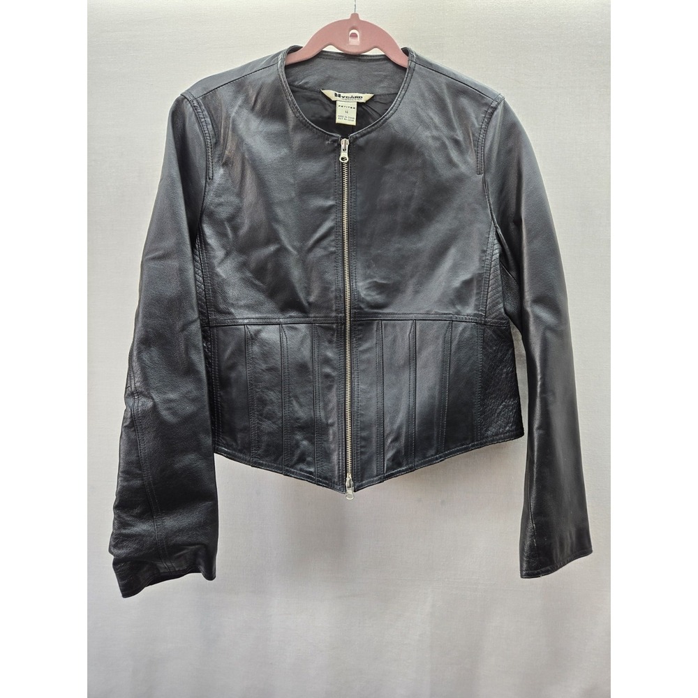 Peter Nygard Vintage Black Leather Biker Jacket Womens Petite 14 Moto Y2K